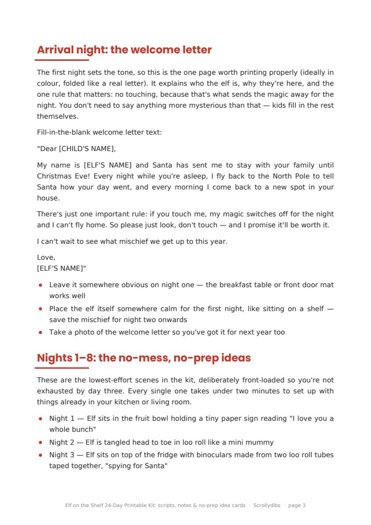 Inside page 2 of Elf on the Shelf 24-Day Printable Kit: scripts, notes & no-prep idea cards