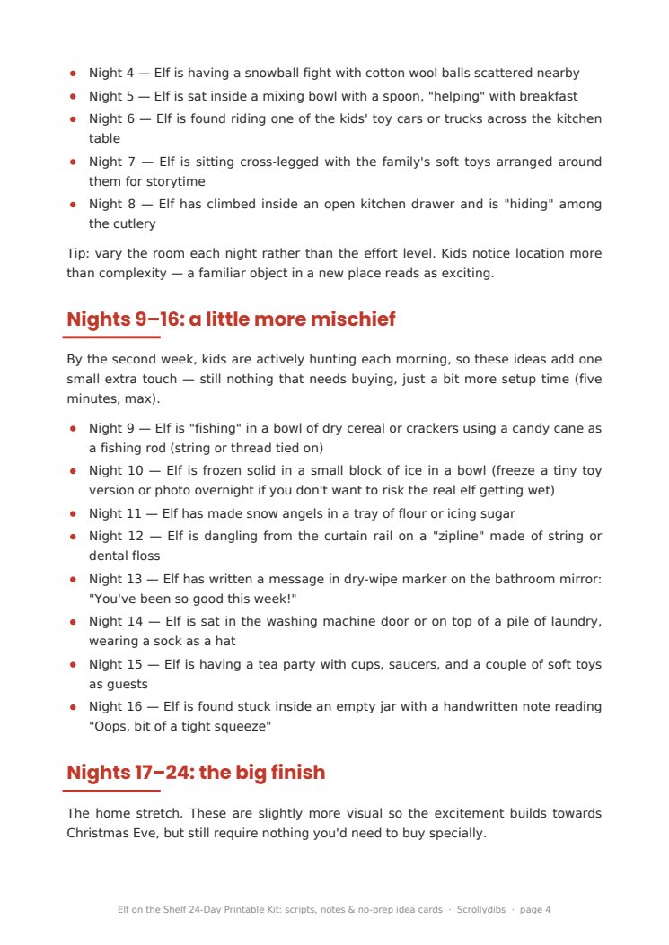Inside page 3 of Elf on the Shelf 24-Day Printable Kit: scripts, notes & no-prep idea cards