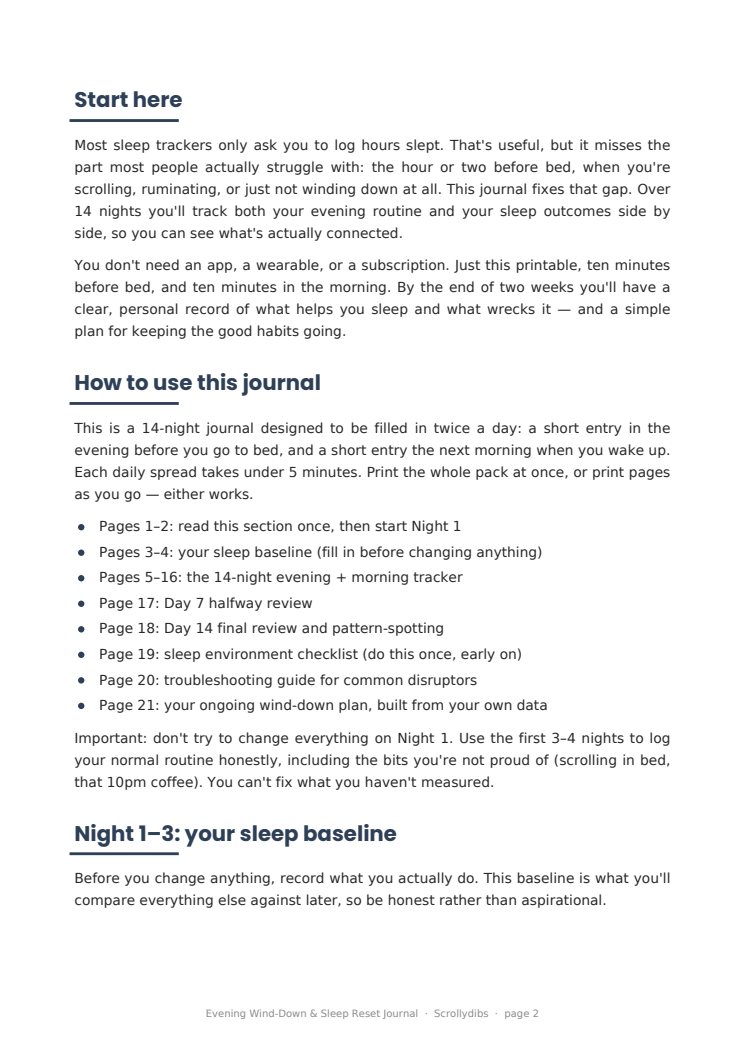 Inside page 1 of Evening Wind-Down & Sleep Reset Journal