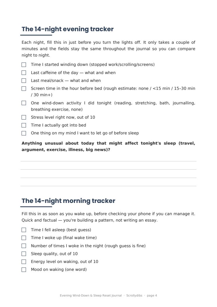 Inside page 3 of Evening Wind-Down & Sleep Reset Journal