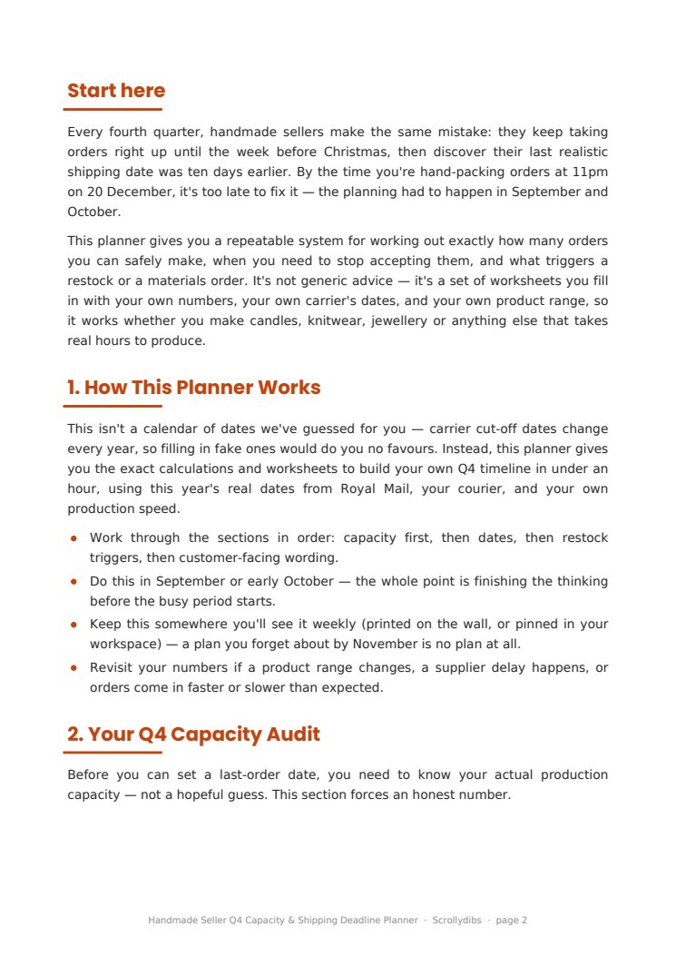 Inside page 1 of Handmade Seller Q4 Capacity & Shipping Deadline Planner