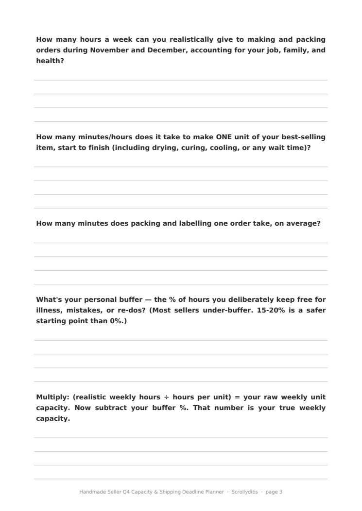 Inside page 2 of Handmade Seller Q4 Capacity & Shipping Deadline Planner