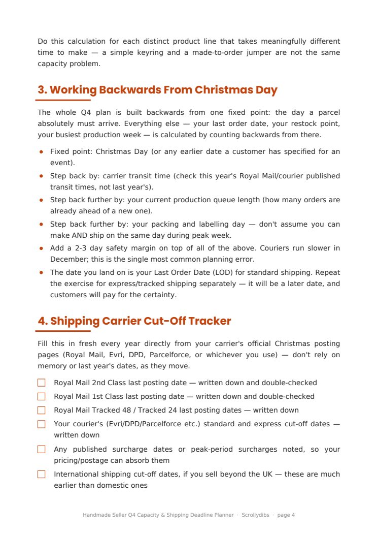 Inside page 3 of Handmade Seller Q4 Capacity & Shipping Deadline Planner