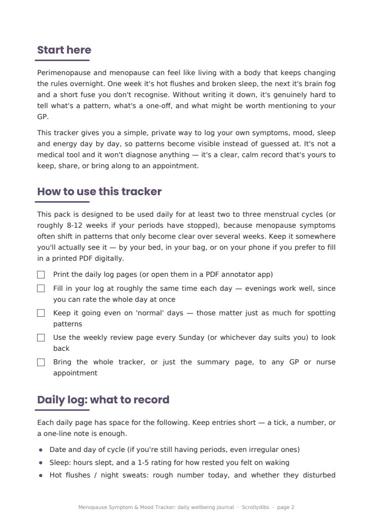 Inside page 1 of Menopause Symptom & Mood Tracker: daily wellbeing journal