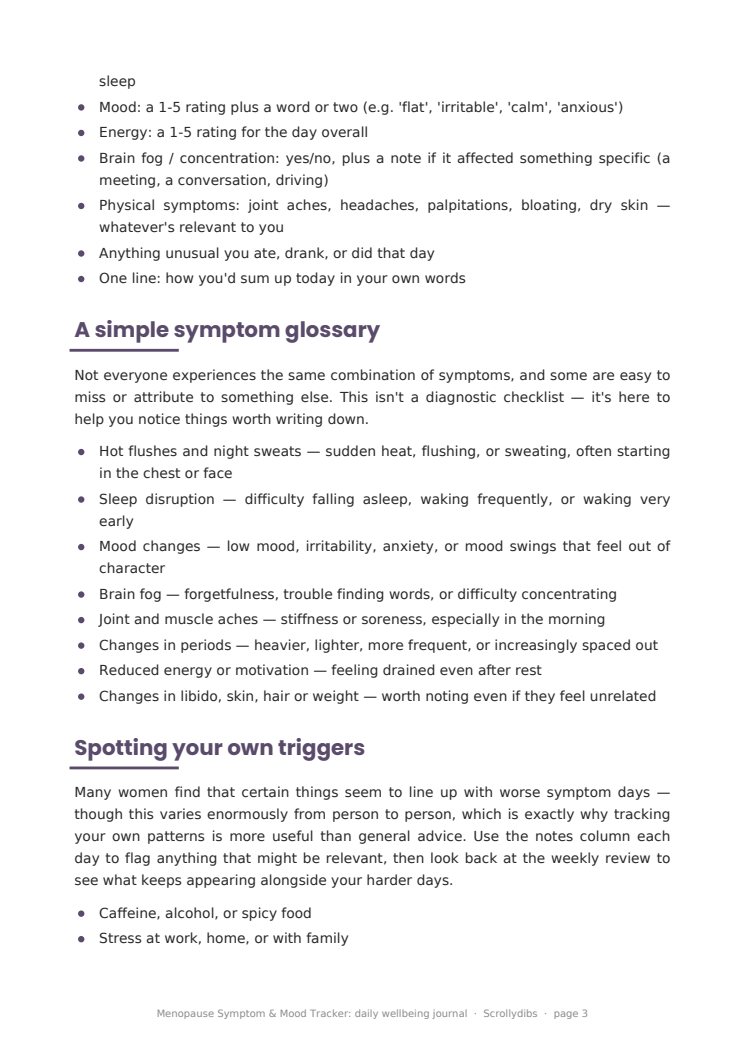 Inside page 2 of Menopause Symptom & Mood Tracker: daily wellbeing journal