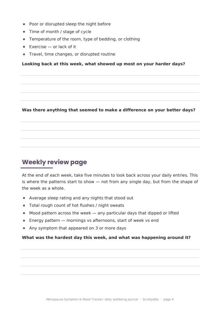Inside page 3 of Menopause Symptom & Mood Tracker: daily wellbeing journal