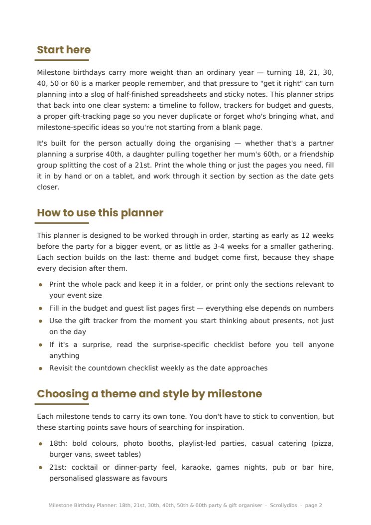 Inside page 1 of Milestone Birthday Planner: 18th, 21st, 30th, 40th, 50th & 60th party & gift organiser