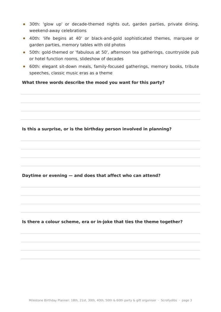 Inside page 2 of Milestone Birthday Planner: 18th, 21st, 30th, 40th, 50th & 60th party & gift organiser