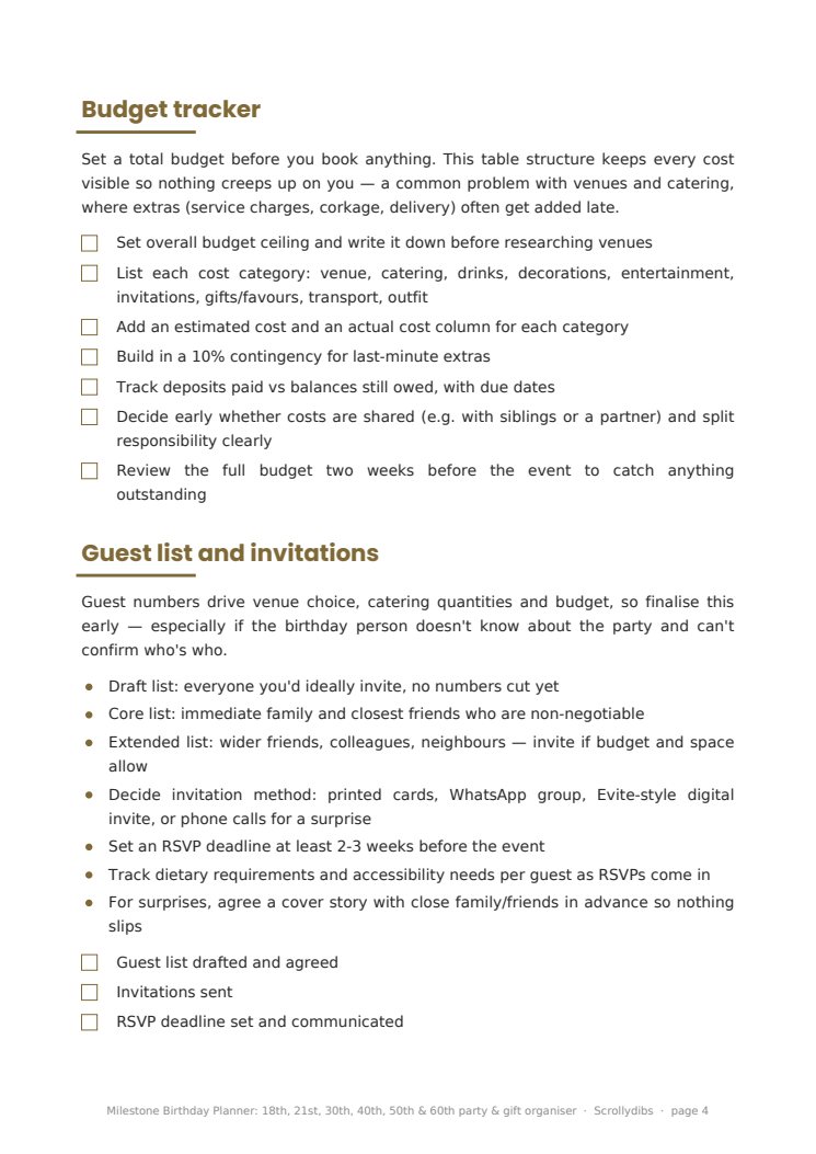 Inside page 3 of Milestone Birthday Planner: 18th, 21st, 30th, 40th, 50th & 60th party & gift organiser