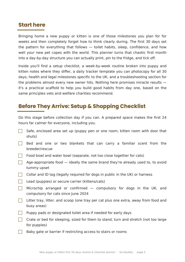 Inside page 1 of New puppy or kitten first 30 days routine & checklist planner