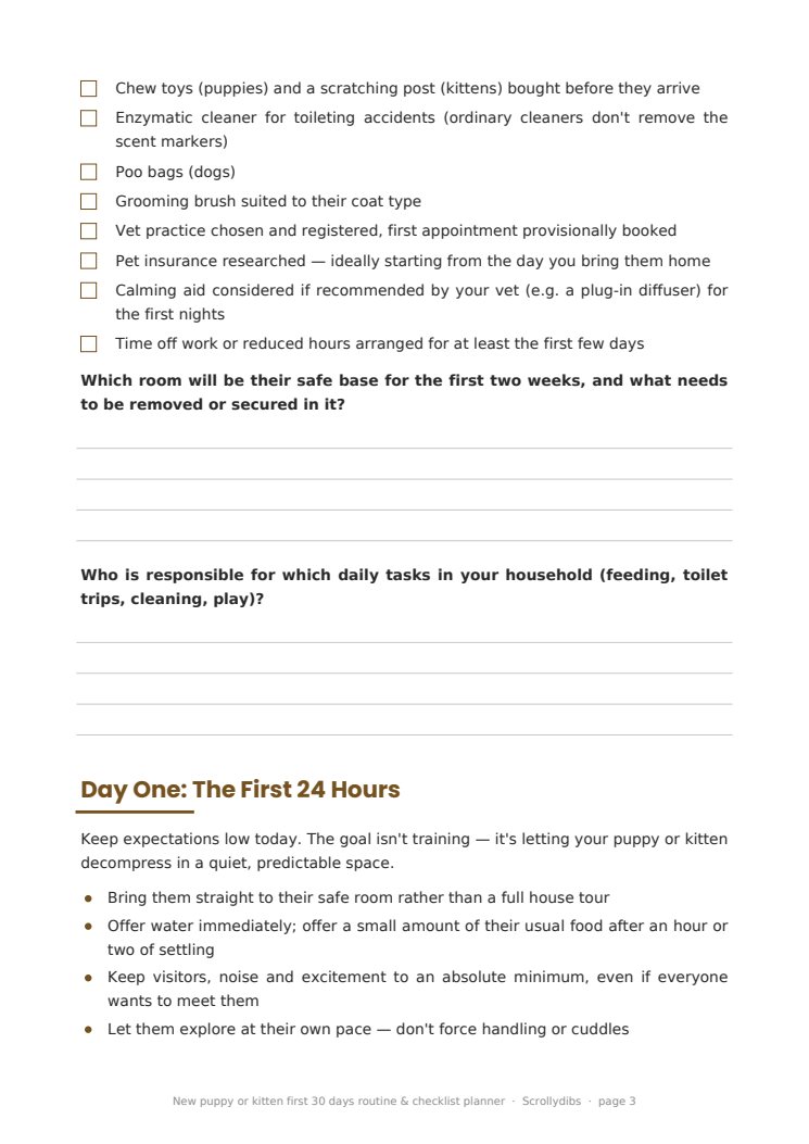 Inside page 2 of New puppy or kitten first 30 days routine & checklist planner