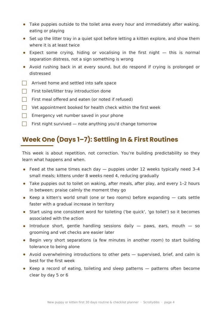 Inside page 3 of New puppy or kitten first 30 days routine & checklist planner