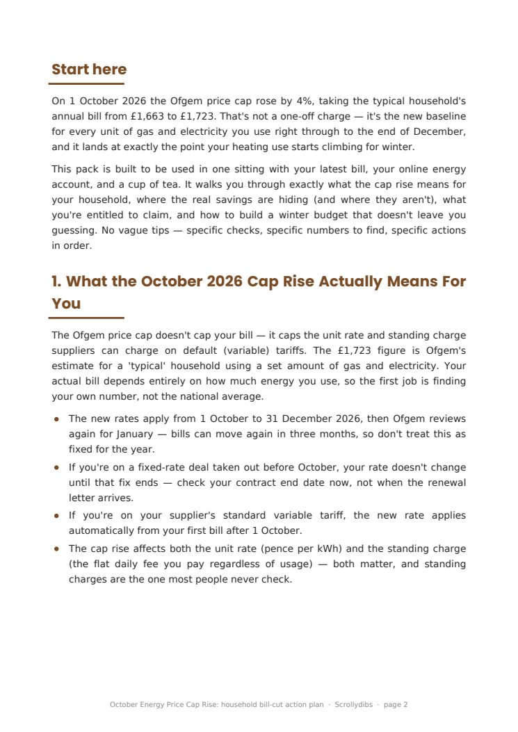Inside page 1 of October Energy Price Cap Rise: household bill-cut action plan