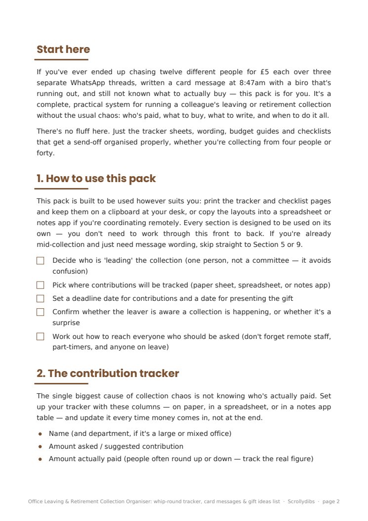 Inside page 1 of Office Leaving & Retirement Collection Organiser: whip-round tracker, card messages & gift ideas list
