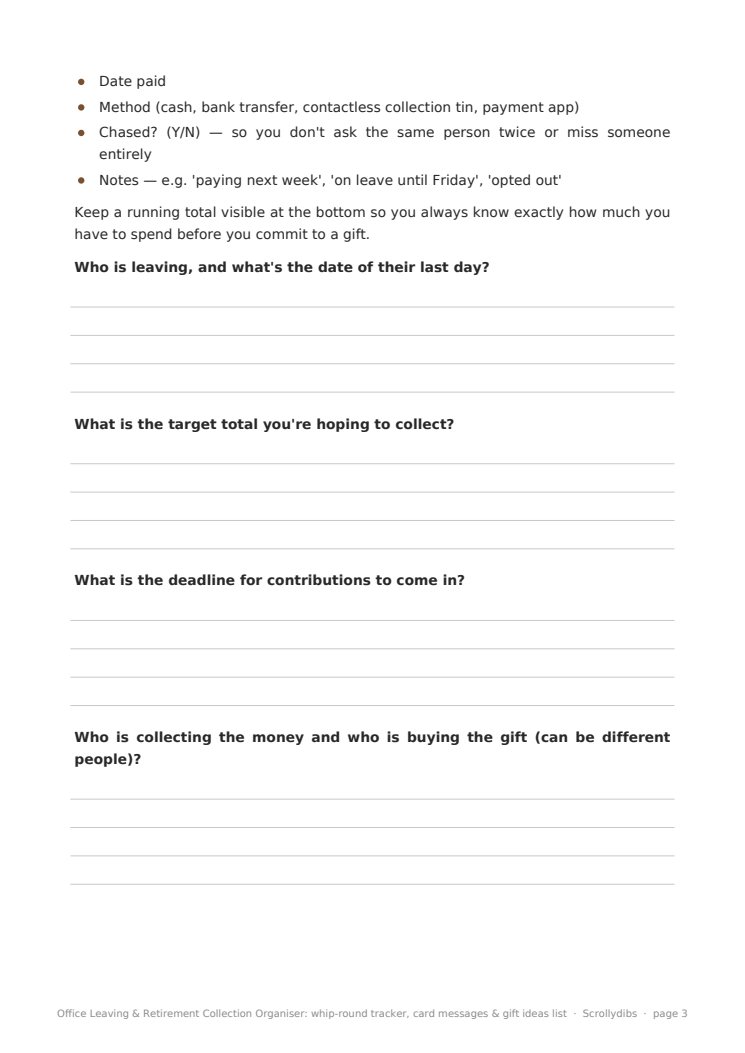 Inside page 2 of Office Leaving & Retirement Collection Organiser: whip-round tracker, card messages & gift ideas list