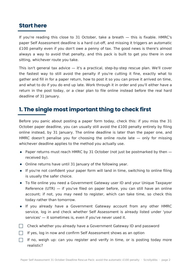 Inside page 1 of Paper Self Assessment 31 October Deadline Rescue Pack: avoid the automatic £100 penalty