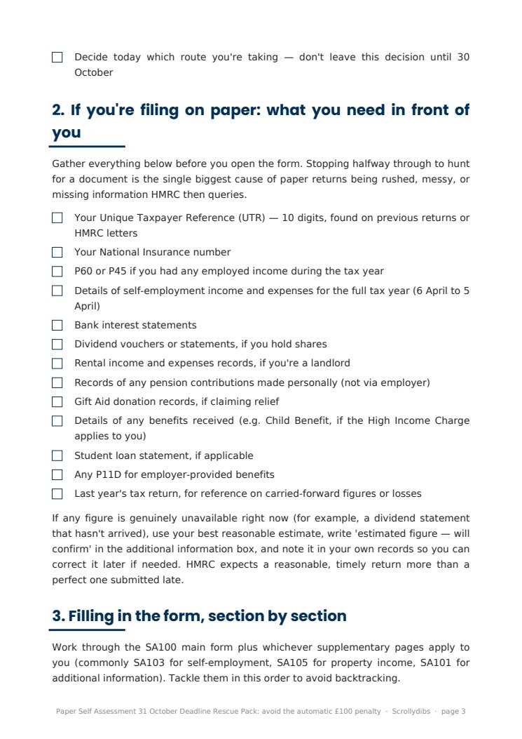 Inside page 2 of Paper Self Assessment 31 October Deadline Rescue Pack: avoid the automatic £100 penalty