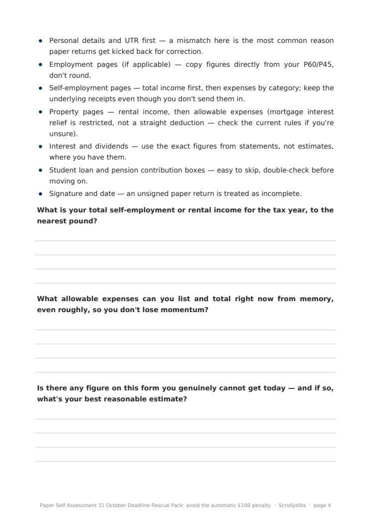 Inside page 3 of Paper Self Assessment 31 October Deadline Rescue Pack: avoid the automatic £100 penalty