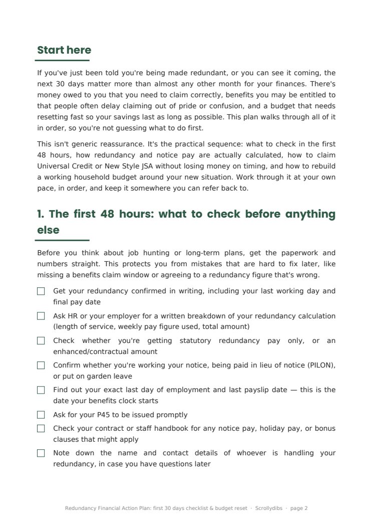 Inside page 1 of Redundancy Financial Action Plan: first 30 days checklist & budget reset