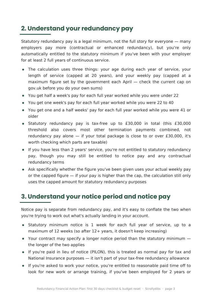 Inside page 2 of Redundancy Financial Action Plan: first 30 days checklist & budget reset