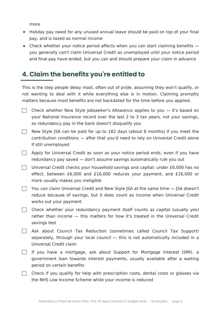 Inside page 3 of Redundancy Financial Action Plan: first 30 days checklist & budget reset