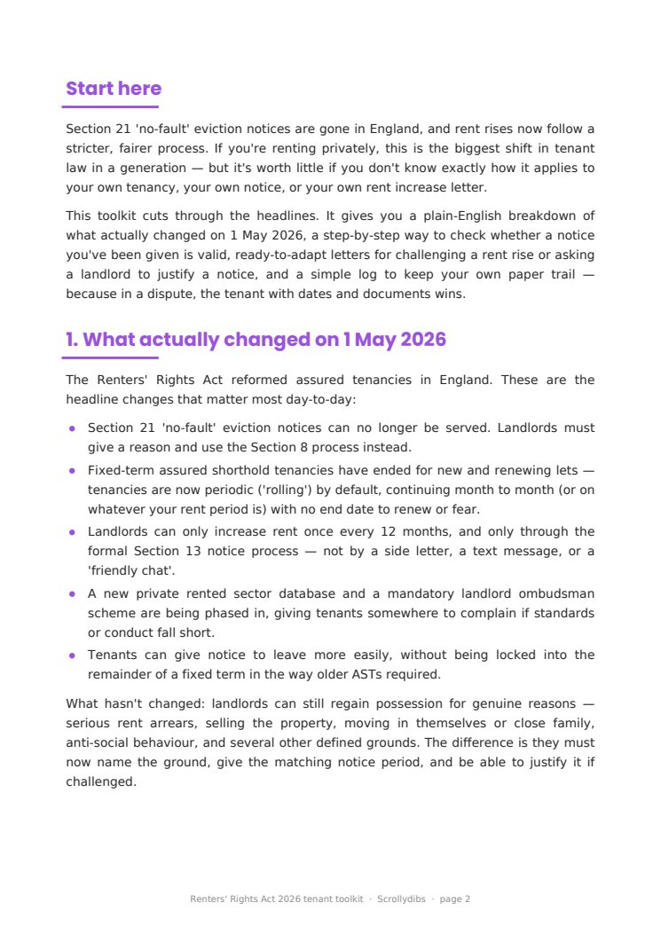 Inside page 1 of Renters' Rights Act 2026 tenant toolkit