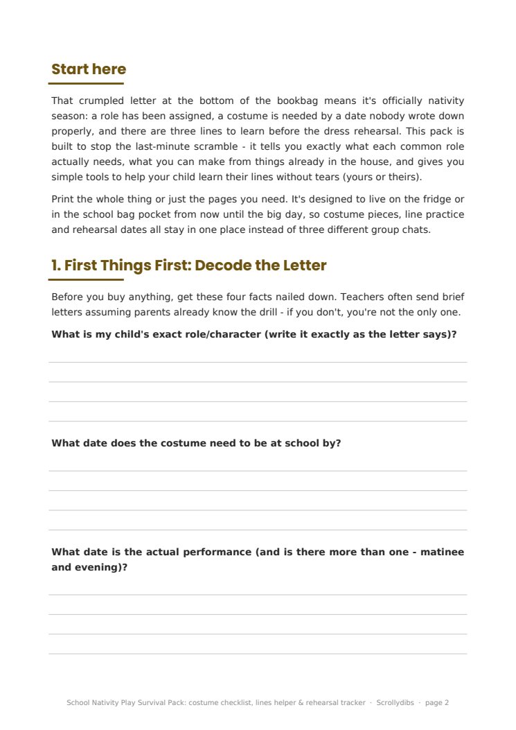 Inside page 1 of School Nativity Play Survival Pack: costume checklist, lines helper & rehearsal tracker