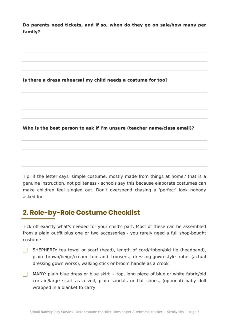 Inside page 2 of School Nativity Play Survival Pack: costume checklist, lines helper & rehearsal tracker