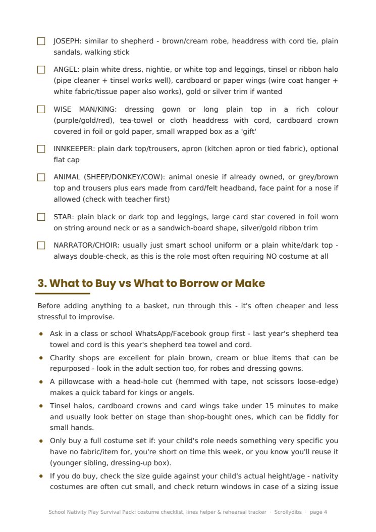 Inside page 3 of School Nativity Play Survival Pack: costume checklist, lines helper & rehearsal tracker