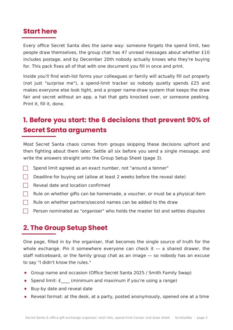 Inside page 1 of Secret Santa & office gift exchange organiser: wish lists, spend limit tracker and draw sheet