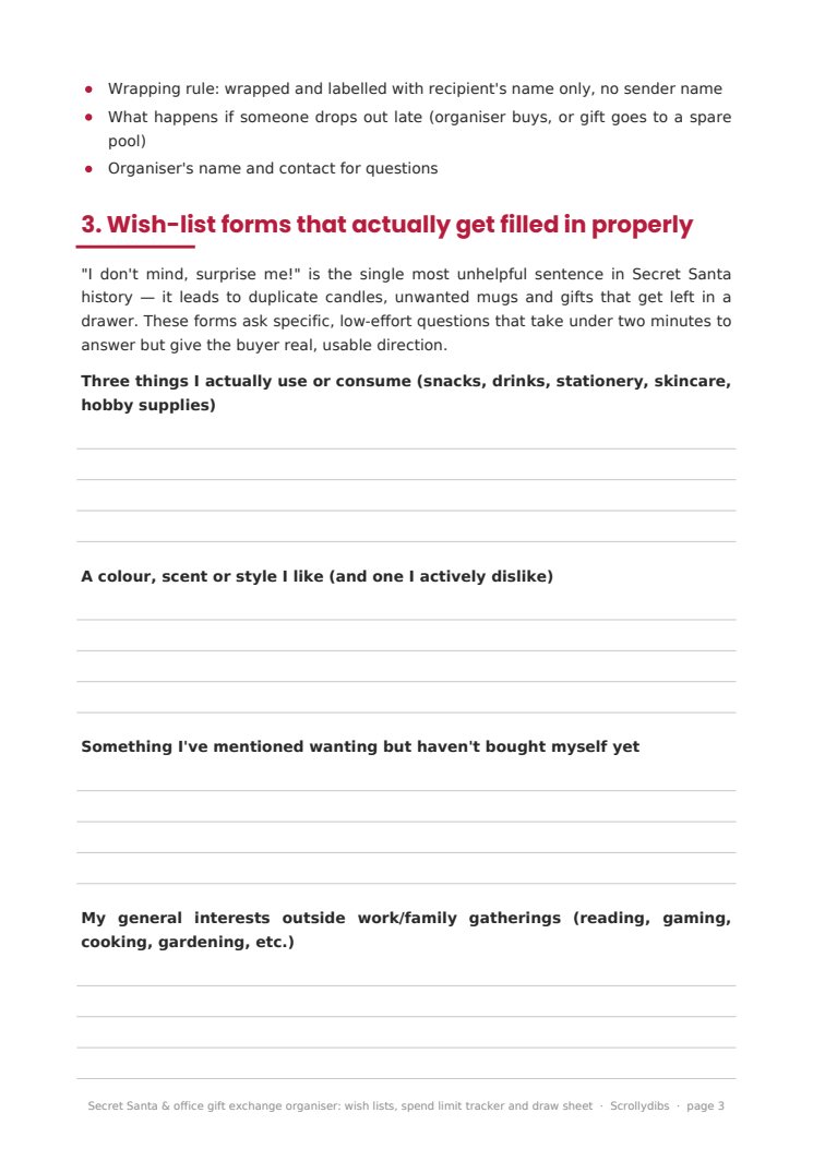 Inside page 2 of Secret Santa & office gift exchange organiser: wish lists, spend limit tracker and draw sheet