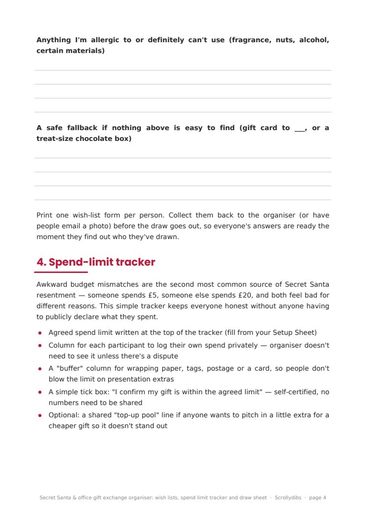 Inside page 3 of Secret Santa & office gift exchange organiser: wish lists, spend limit tracker and draw sheet