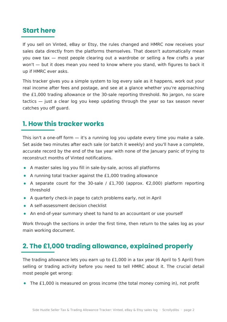 Inside page 1 of Side Hustle Seller Tax & Trading Allowance Tracker: Vinted, eBay & Etsy sales log