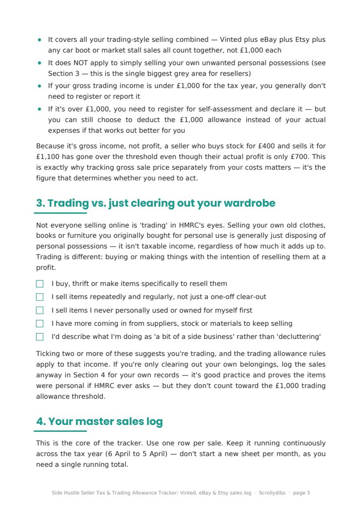 Inside page 2 of Side Hustle Seller Tax & Trading Allowance Tracker: Vinted, eBay & Etsy sales log