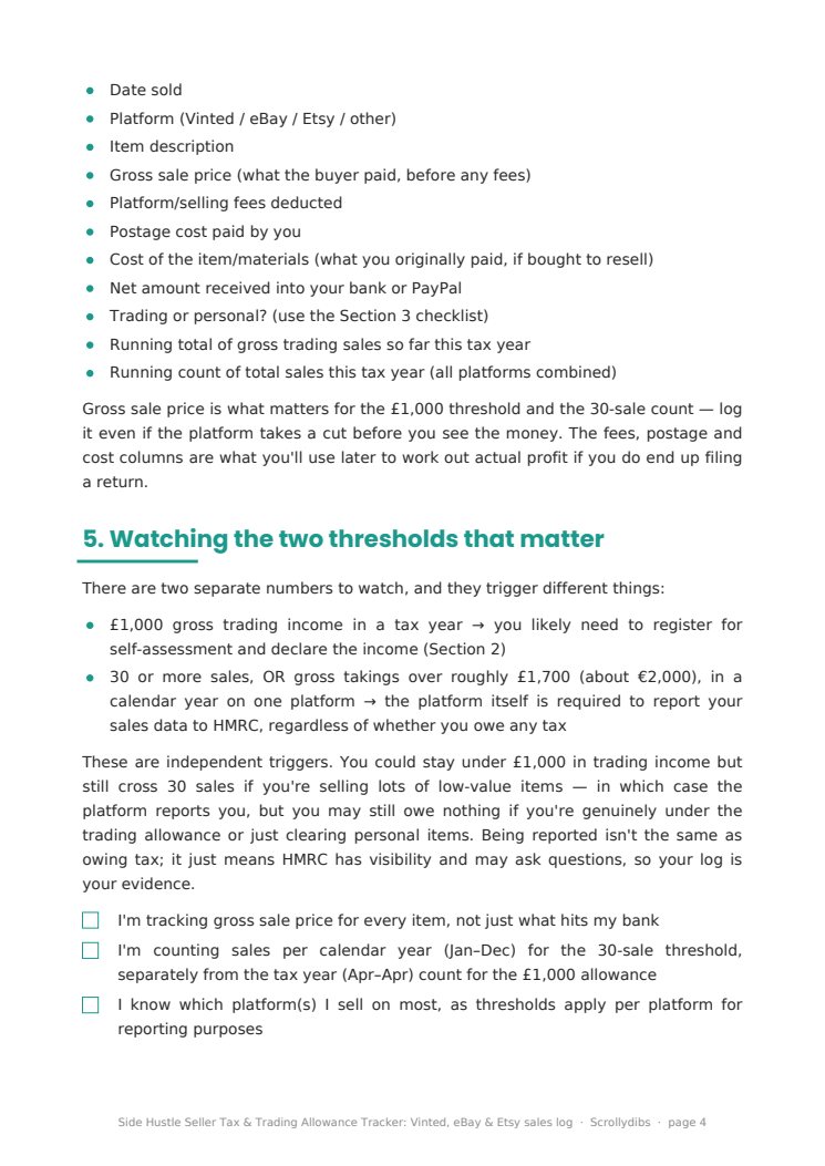 Inside page 3 of Side Hustle Seller Tax & Trading Allowance Tracker: Vinted, eBay & Etsy sales log