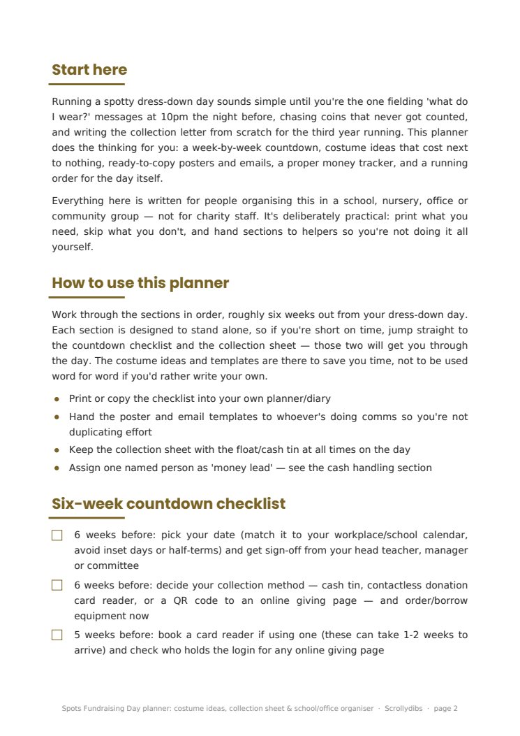 Inside page 1 of Spots Fundraising Day planner: costume ideas, collection sheet & school/office organiser