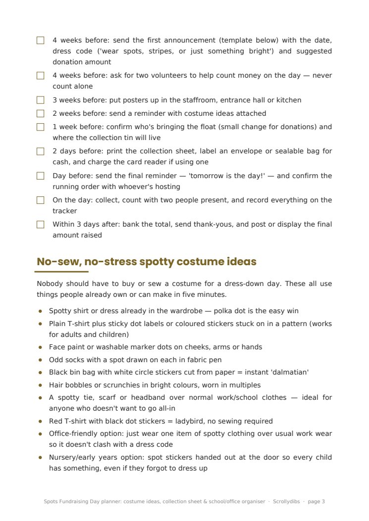 Inside page 2 of Spots Fundraising Day planner: costume ideas, collection sheet & school/office organiser