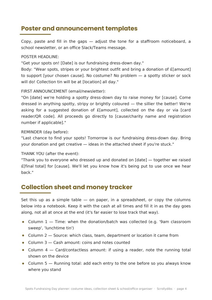 Inside page 3 of Spots Fundraising Day planner: costume ideas, collection sheet & school/office organiser