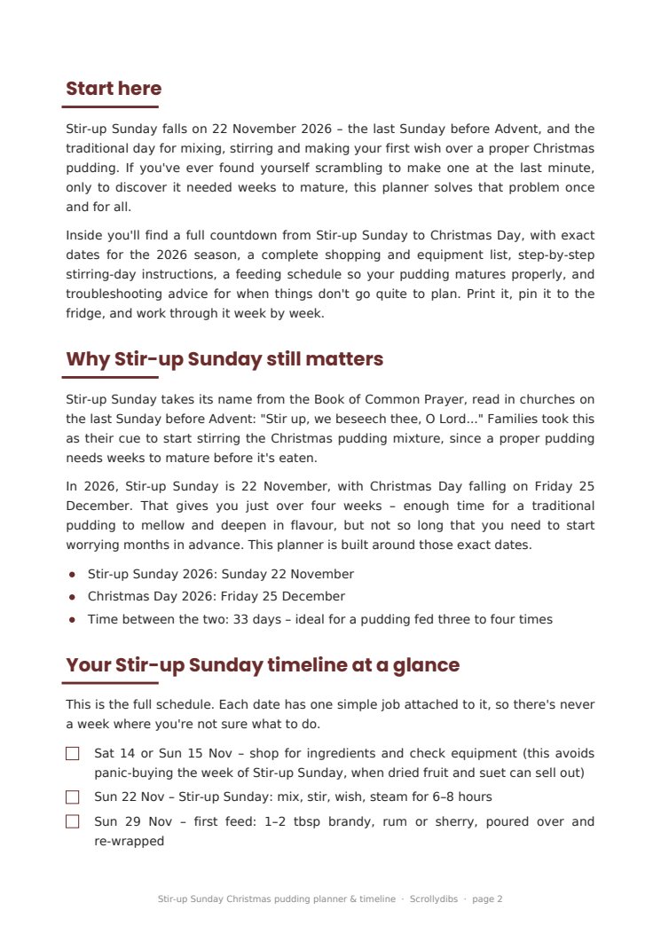 Inside page 1 of Stir-up Sunday Christmas pudding planner & timeline