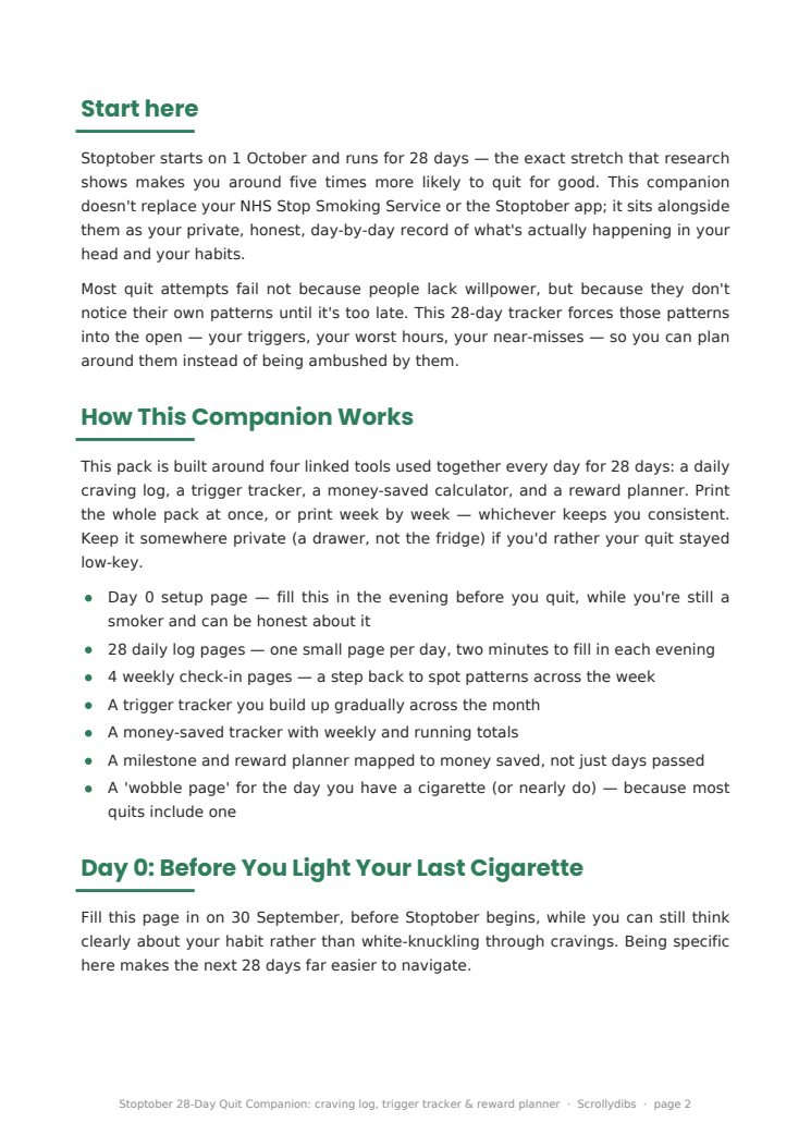 Inside page 1 of Stoptober 28-Day Quit Companion: craving log, trigger tracker & reward planner