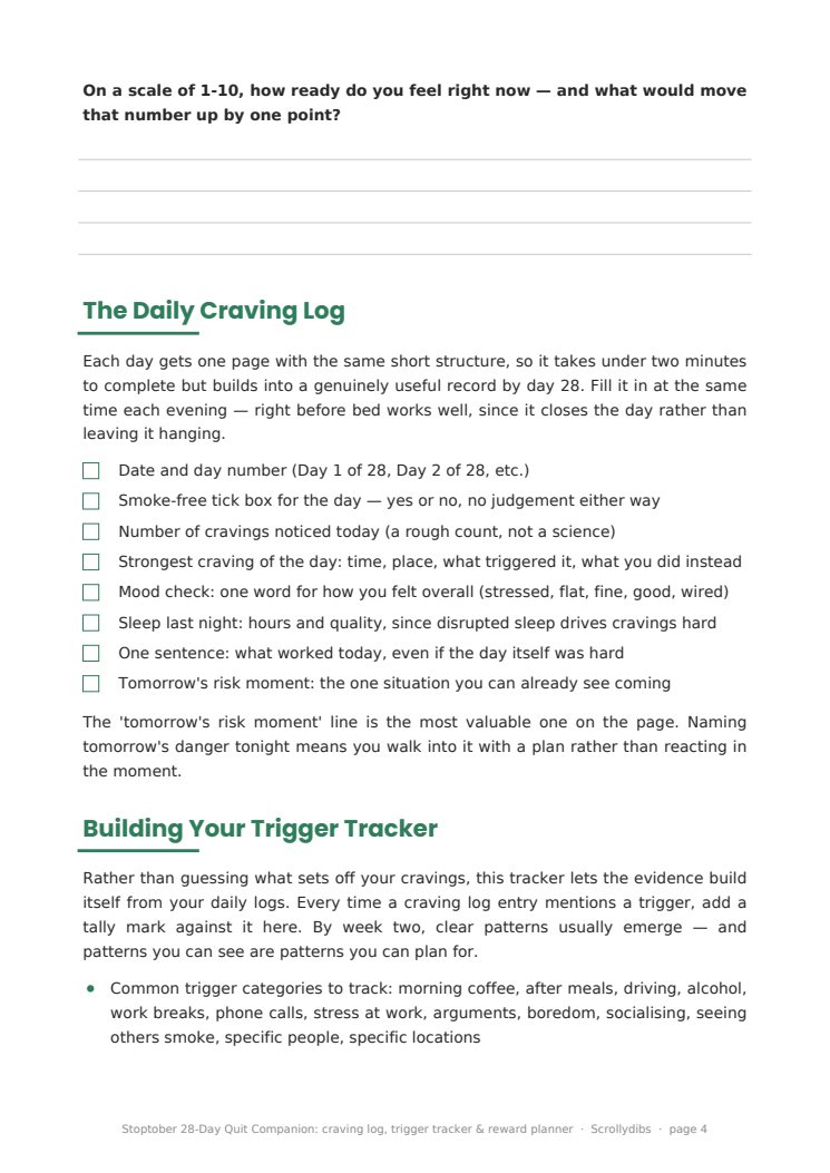 Inside page 3 of Stoptober 28-Day Quit Companion: craving log, trigger tracker & reward planner