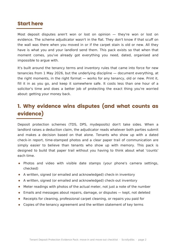 Inside page 1 of Tenant Deposit Protection Evidence Pack: move-in and move-out checklist