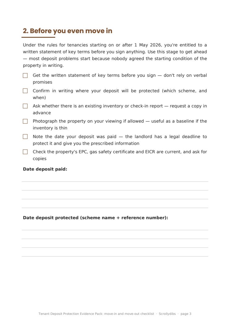 Inside page 2 of Tenant Deposit Protection Evidence Pack: move-in and move-out checklist