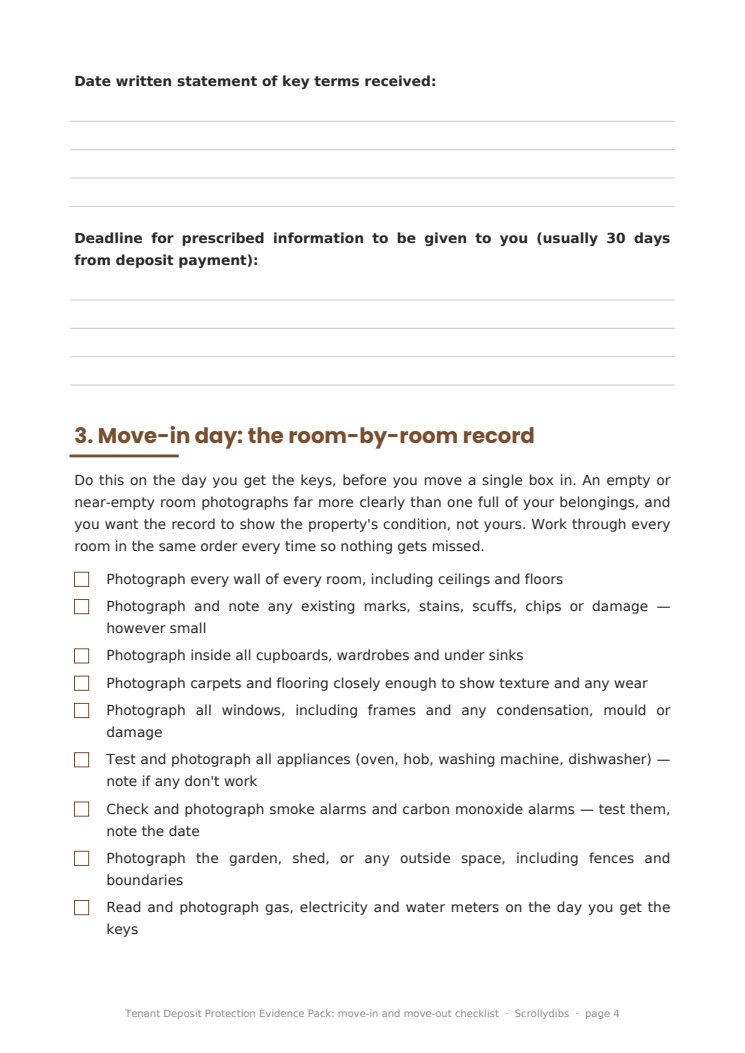 Inside page 3 of Tenant Deposit Protection Evidence Pack: move-in and move-out checklist