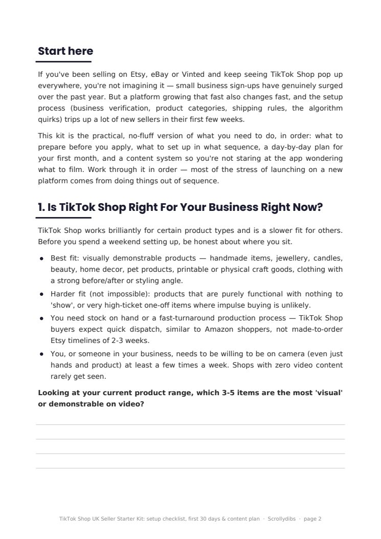 Inside page 1 of TikTok Shop UK Seller Starter Kit: setup checklist, first 30 days & content plan