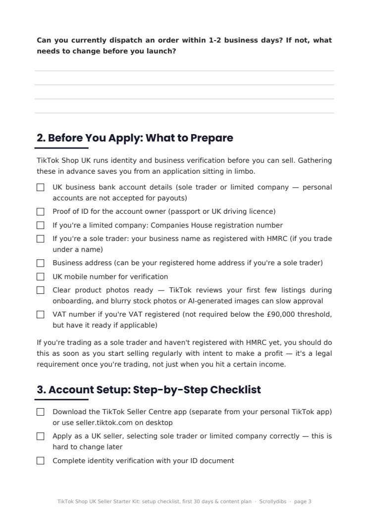 Inside page 2 of TikTok Shop UK Seller Starter Kit: setup checklist, first 30 days & content plan
