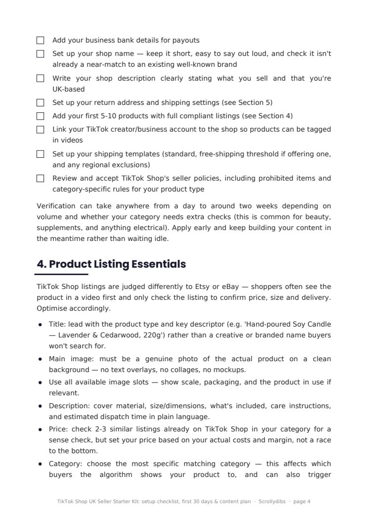 Inside page 3 of TikTok Shop UK Seller Starter Kit: setup checklist, first 30 days & content plan