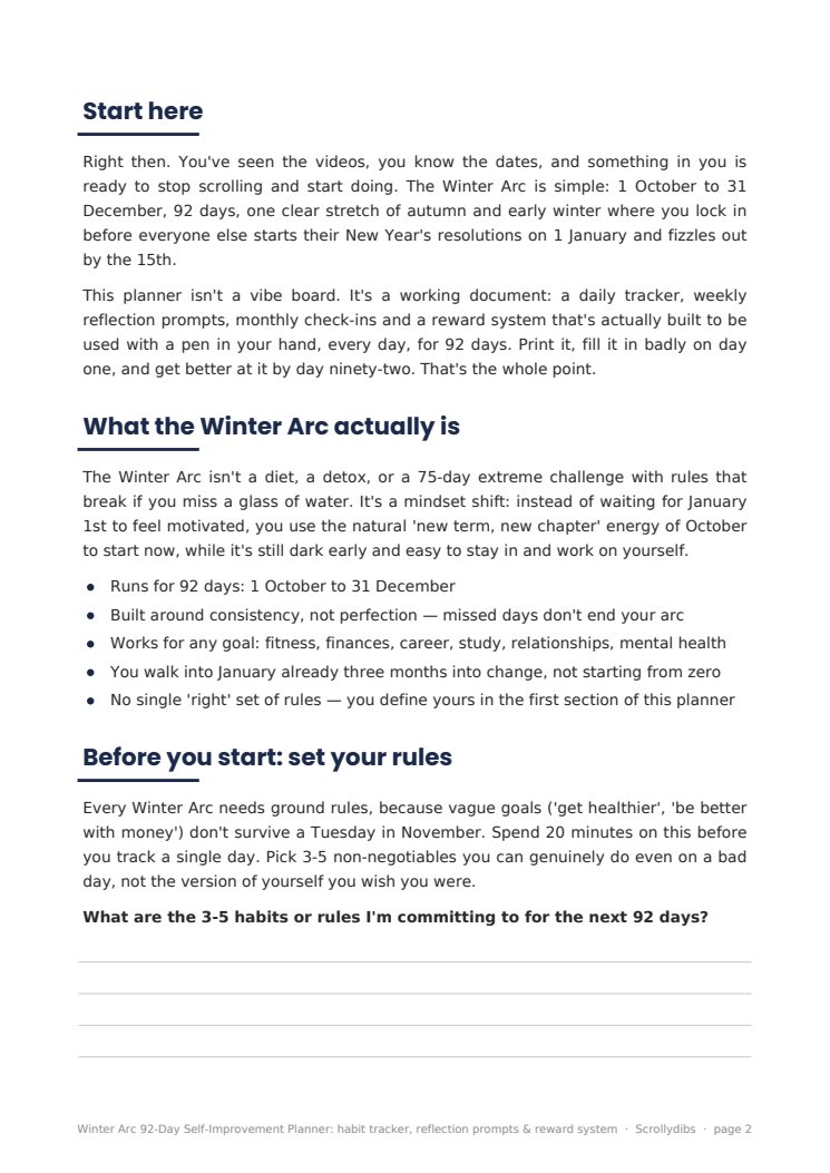 Inside page 1 of Winter Arc 92-Day Self-Improvement Planner: habit tracker, reflection prompts & reward system