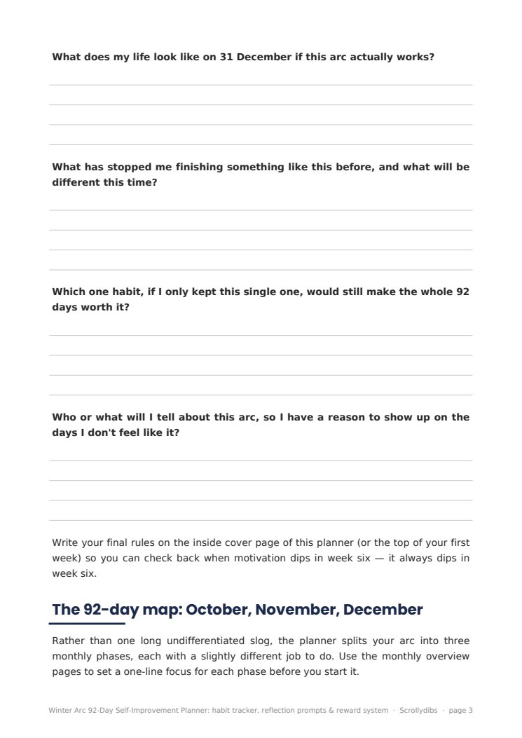 Inside page 2 of Winter Arc 92-Day Self-Improvement Planner: habit tracker, reflection prompts & reward system