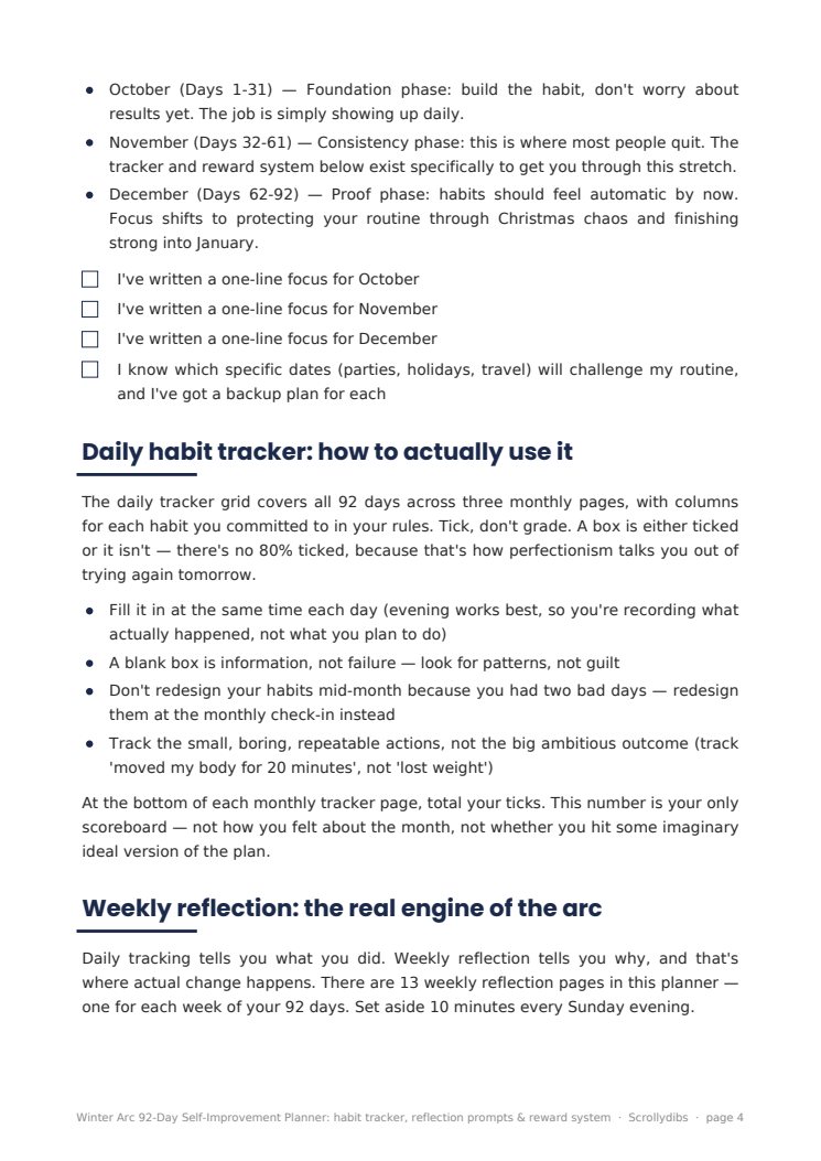 Inside page 3 of Winter Arc 92-Day Self-Improvement Planner: habit tracker, reflection prompts & reward system